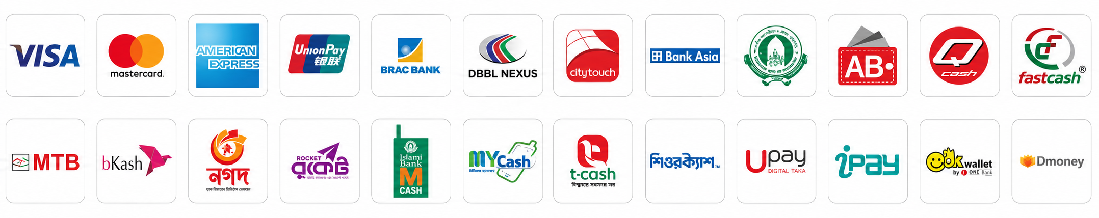 Accepted payment methods — Visa, Mastercard, Amex, UnionPay, bKash, Nagad, Rocket, DBBL Nexus, BRAC Bank, Bank Asia, Upay, iPay and more